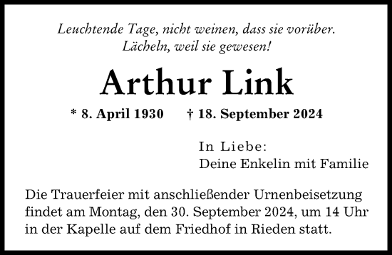 Traueranzeige von Arthur Link von Günzburger Zeitung
