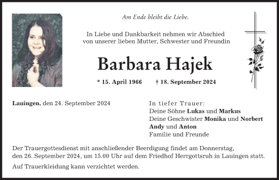 Traueranzeige von Barbara Hajek von Donau Zeitung, Donauwörther Zeitung, Wertinger Zeitung