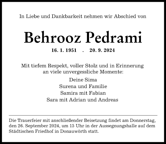 Traueranzeige von Behrooz Pedrami von Donauwörther Zeitung