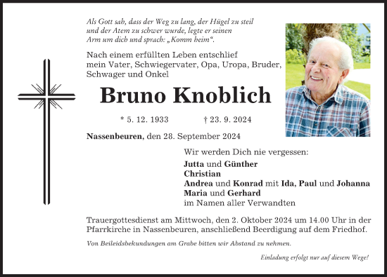 Traueranzeige von Bruno Knoblich von Mindelheimer Zeitung
