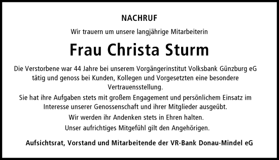 Traueranzeige von Christa Sturm von Günzburger Zeitung