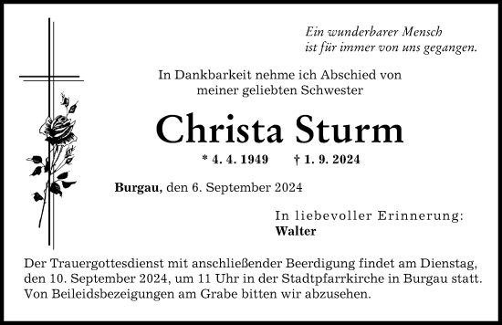 Traueranzeige von Christa Sturm von Günzburger Zeitung