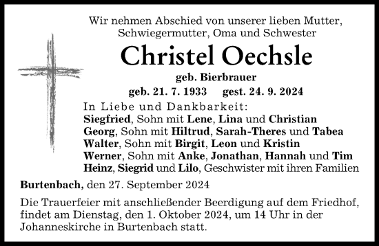 Traueranzeige von Christel Oechsle von Günzburger Zeitung