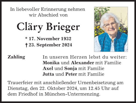 Traueranzeige von Cläry Brieger von Aichacher Nachrichten