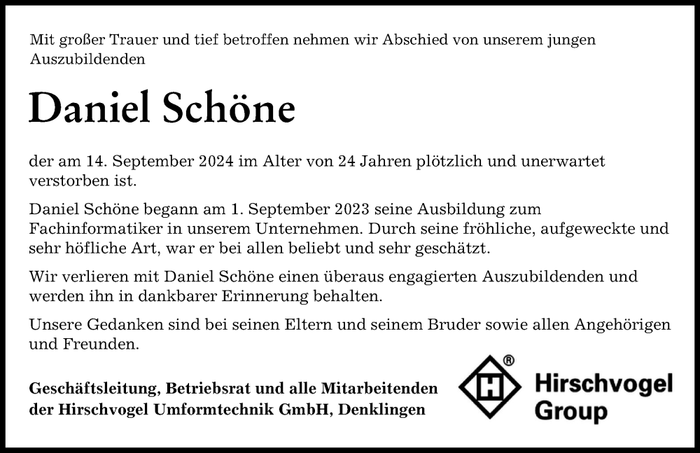  Traueranzeige für Daniel Schöne vom 28.09.2024 aus Landsberger Tagblatt