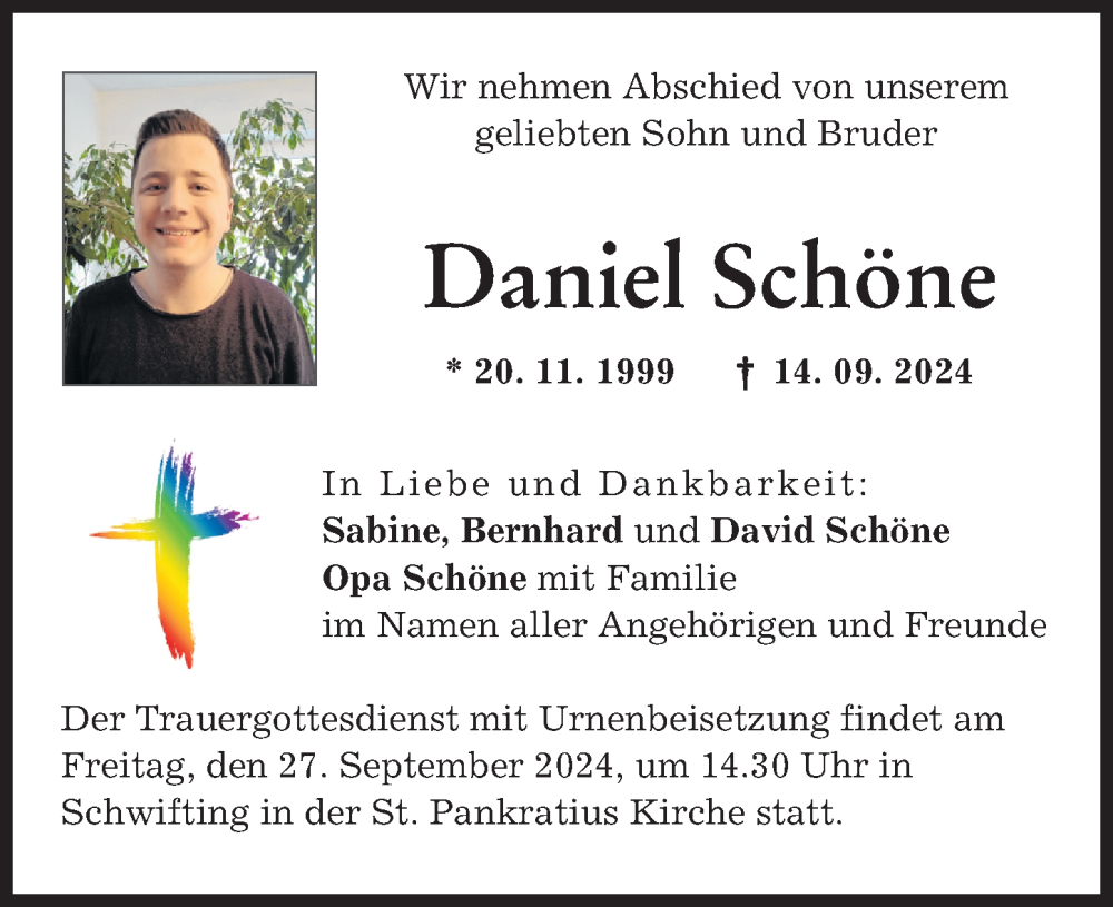  Traueranzeige für Daniel Schöne vom 21.09.2024 aus Landsberger Tagblatt