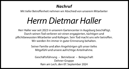 Traueranzeige von Dietmar Haller von Augsburger Allgemeine
