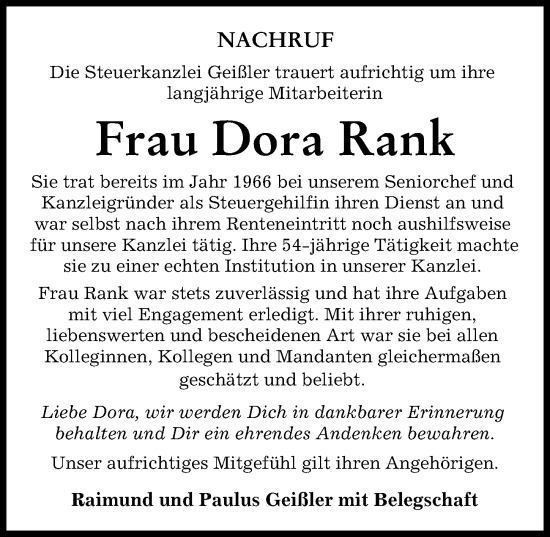 Traueranzeige von Dora Rank von Günzburger Zeitung