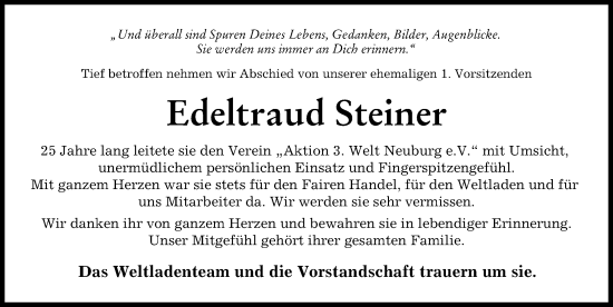 Traueranzeige von Edeltraud Steiner von Neuburger Rundschau