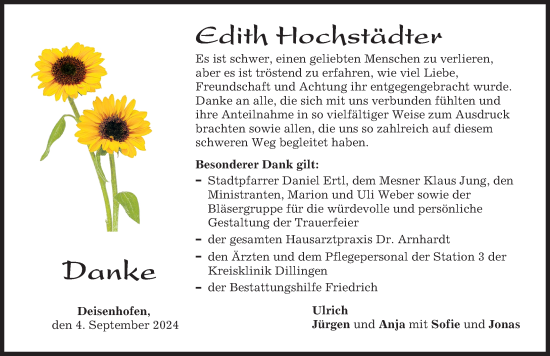 Traueranzeige von Edith Hochstädter von Donau Zeitung