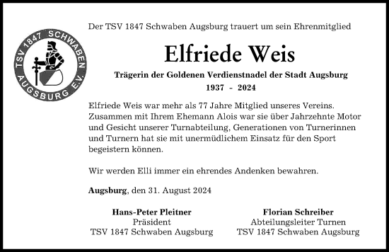 Traueranzeige von Elfriede Weis von Augsburger Allgemeine