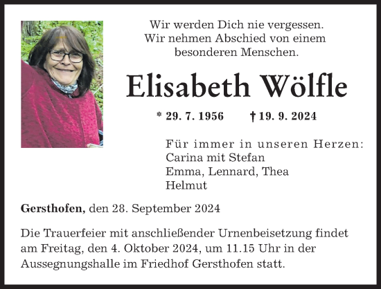 Traueranzeige von Elisabeth Wölfle von Augsburger Allgemeine