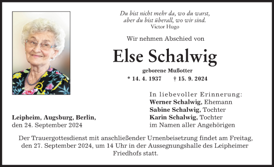 Traueranzeige von Else Schalwig von Günzburger Zeitung