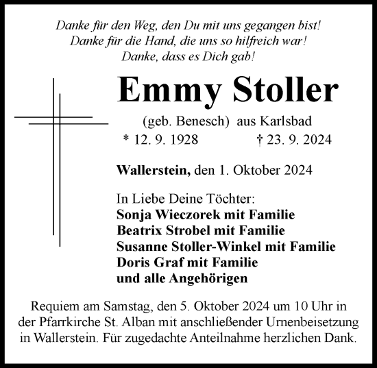 Traueranzeige von Emmy Stoller von Rieser Nachrichten