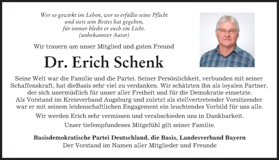 Traueranzeige von Erich Schenk von Augsburger Allgemeine