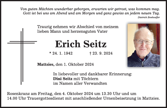 Traueranzeige von Erich Seitz von Mindelheimer Zeitung