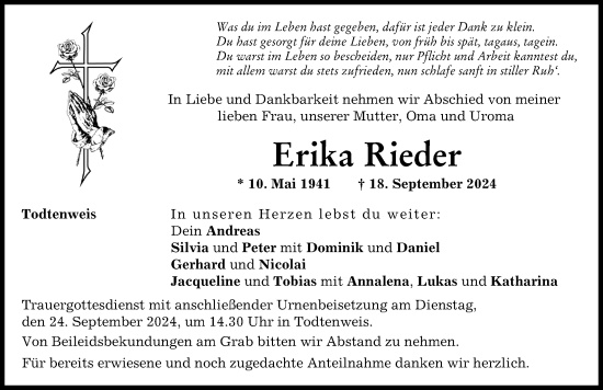 Traueranzeige von Erika Rieder von Aichacher Nachrichten