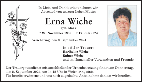 Traueranzeige von Erna Wiche von Neuburger Rundschau