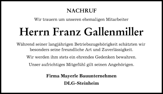 Traueranzeige von Franz Gallenmiller von Donau Zeitung