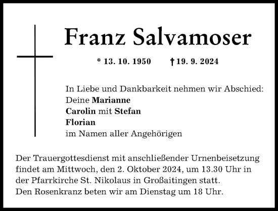 Traueranzeige von Franz Salvamoser von Schwabmünchner Allgemeine