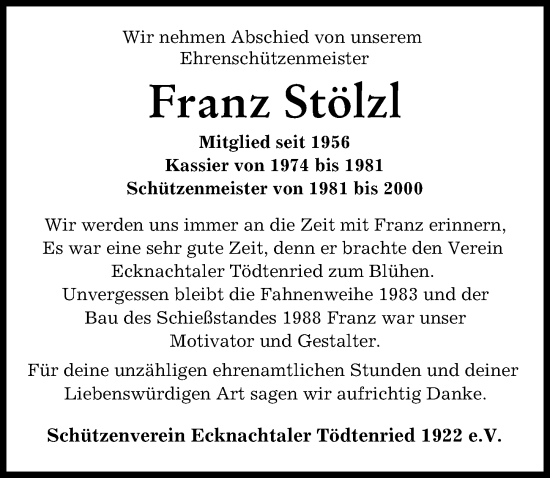 Traueranzeige von Franz Stölzl von Aichacher Nachrichten