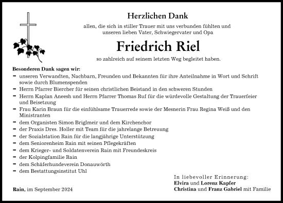 Traueranzeige von Friedrich Riel von Donauwörther Zeitung