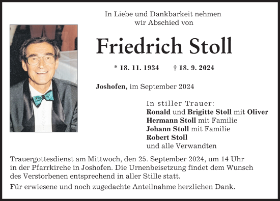 Traueranzeige von Friedrich Stoll von Neuburger Rundschau