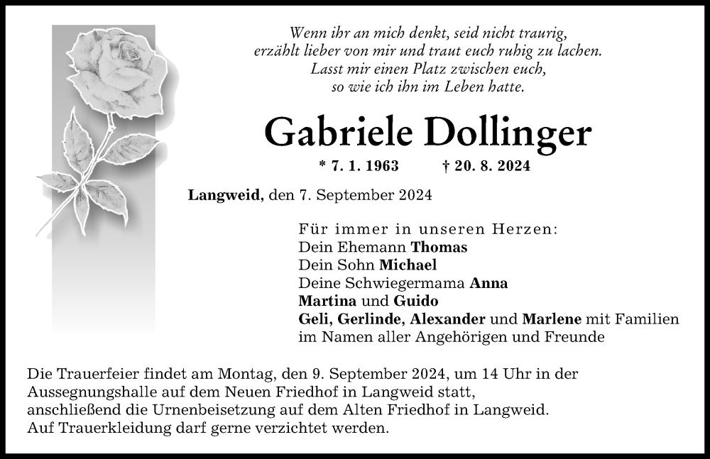  Traueranzeige für Gabriele Dollinger vom 07.09.2024 aus Augsburg-Land