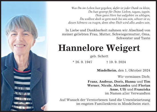 Traueranzeige von Hannelore Weigert von Mindelheimer Zeitung