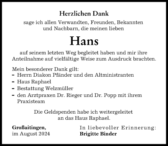 Traueranzeige von Hans  von Schwabmünchner Allgemeine