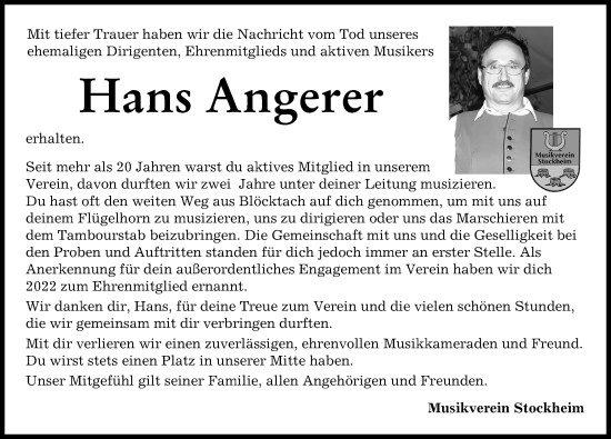 Traueranzeige von Hans Angerer von Mindelheimer Zeitung
