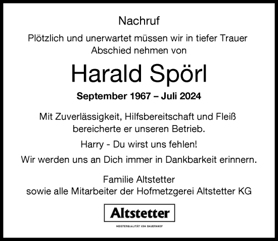 Traueranzeige von Harald Spörl von Schwabmünchner Allgemeine
