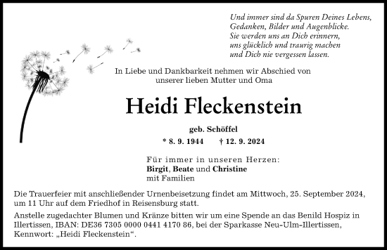 Traueranzeige von Heidi Fleckenstein von Günzburger Zeitung
