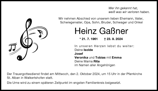 Traueranzeige von Heinz Gaßner von Schwabmünchner Allgemeine