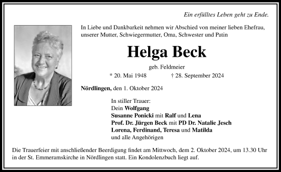 Traueranzeige von Helga Beck von Rieser Nachrichten