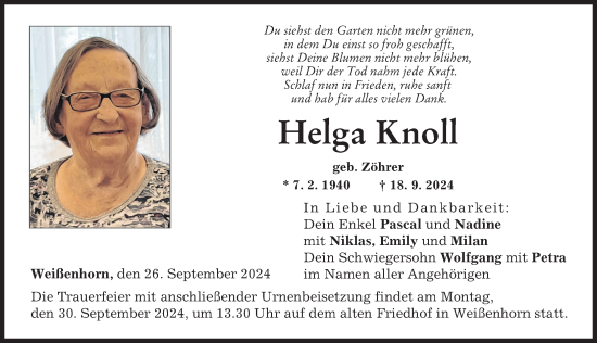 Traueranzeige von Helga Knoll von Neu-Ulmer Zeitung