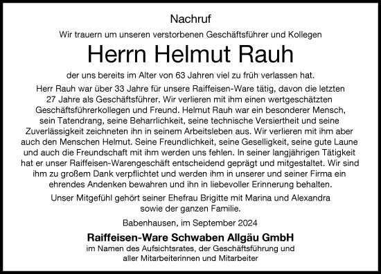 Traueranzeige von Helmut Rauh von Augsburger Allgemeine, Illertisser Zeitung