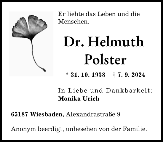 Traueranzeige von Helmuth Polster von Augsburger Allgemeine