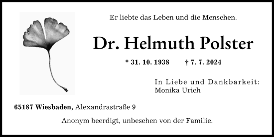 Traueranzeige von Helmuth Polster von Augsburger Allgemeine