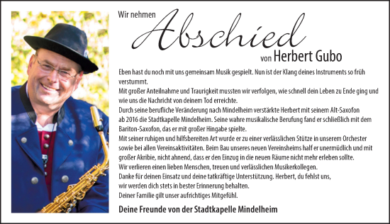 Traueranzeige von Herbert Gubo von Mindelheimer Zeitung