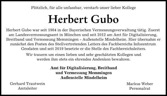 Traueranzeige von Herbert Gubo von Mindelheimer Zeitung