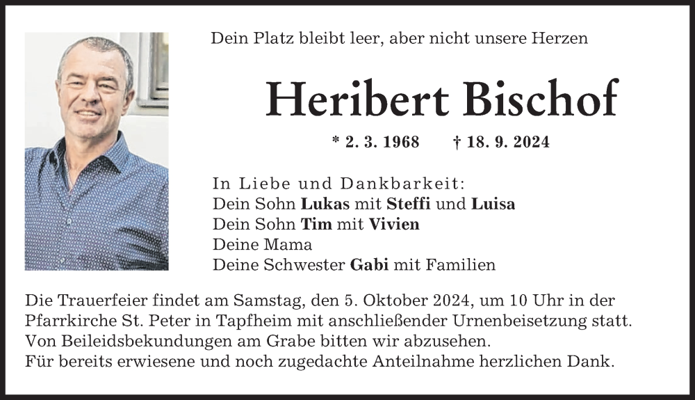  Traueranzeige für Heribert Bischof vom 26.09.2024 aus Donauwörther Zeitung
