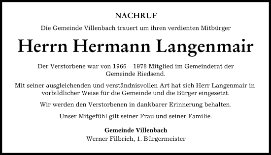 Traueranzeige von Hermann Langenmair von Wertinger Zeitung
