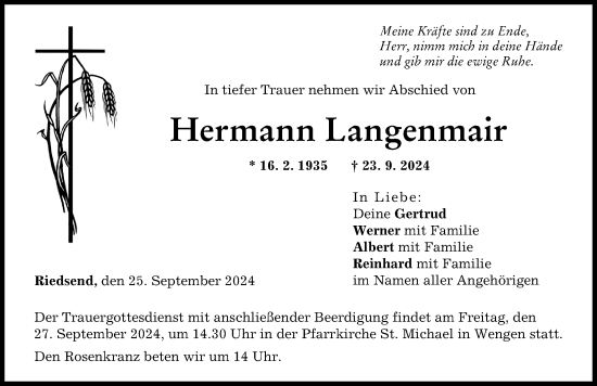 Traueranzeige von Hermann Langenmair von Wertinger Zeitung, Donau Zeitung