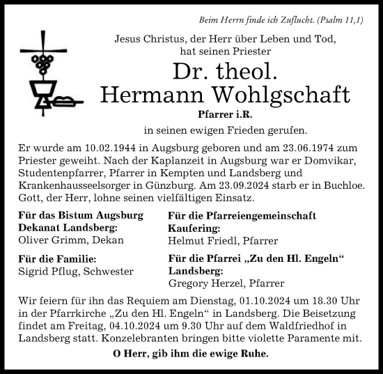 Traueranzeige von Hermann Wohlgschaft von Augsburger Allgemeine