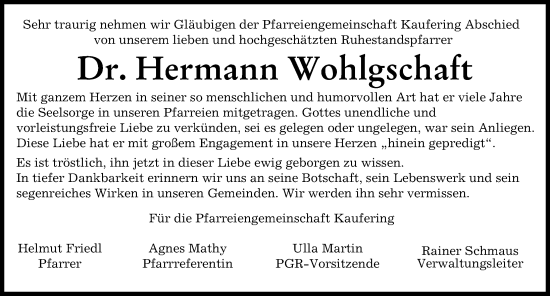Traueranzeige von Hermann Wohlgschaft von Landsberger Tagblatt
