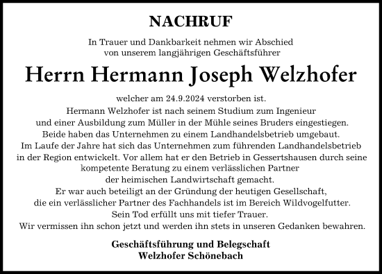 Traueranzeige von Hermann Joseph Welzhofer von Mittelschwäbische Nachrichten, Augsburg-Land