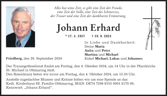 Traueranzeige von Johann Erhard von Friedberger Allgemeine