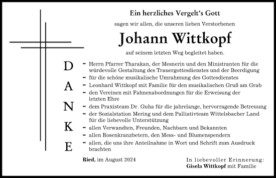 Traueranzeige von Johann Wittkopf von Friedberger Allgemeine
