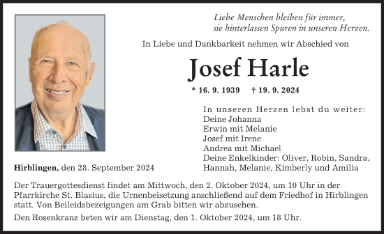 Traueranzeige von Josef Harle von Augsburger Allgemeine